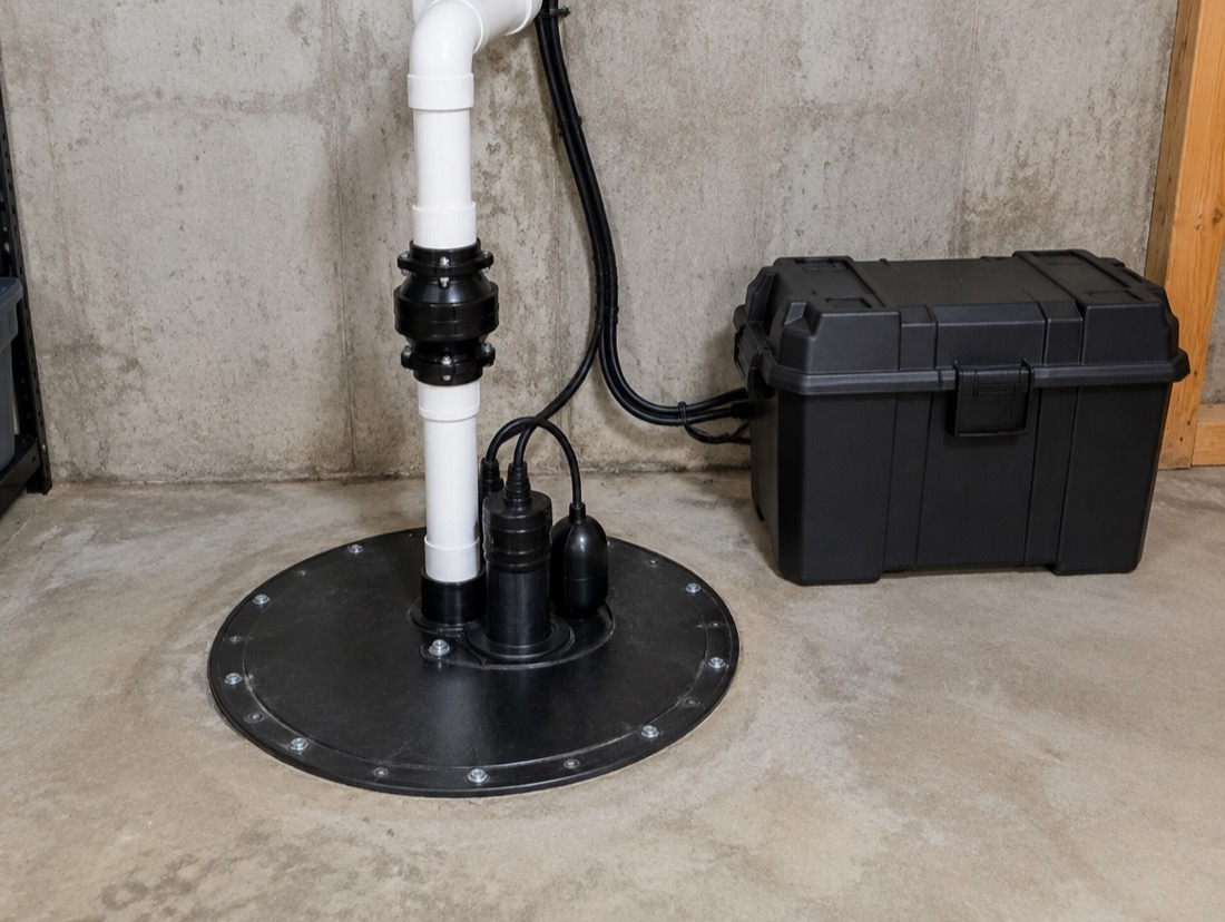 Finished sump pump installation with battery backup in a Charlotte crawl space