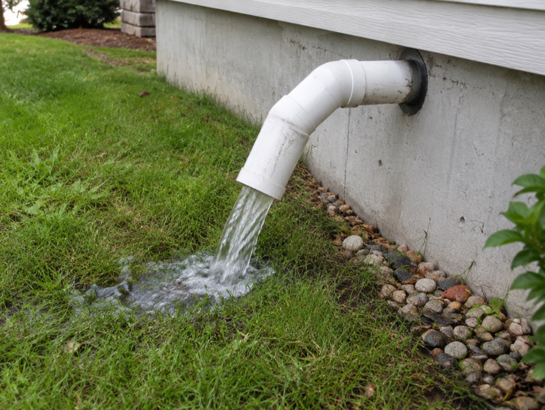 Sump pump discharge line carrying water away from a Charlotte home's foundation