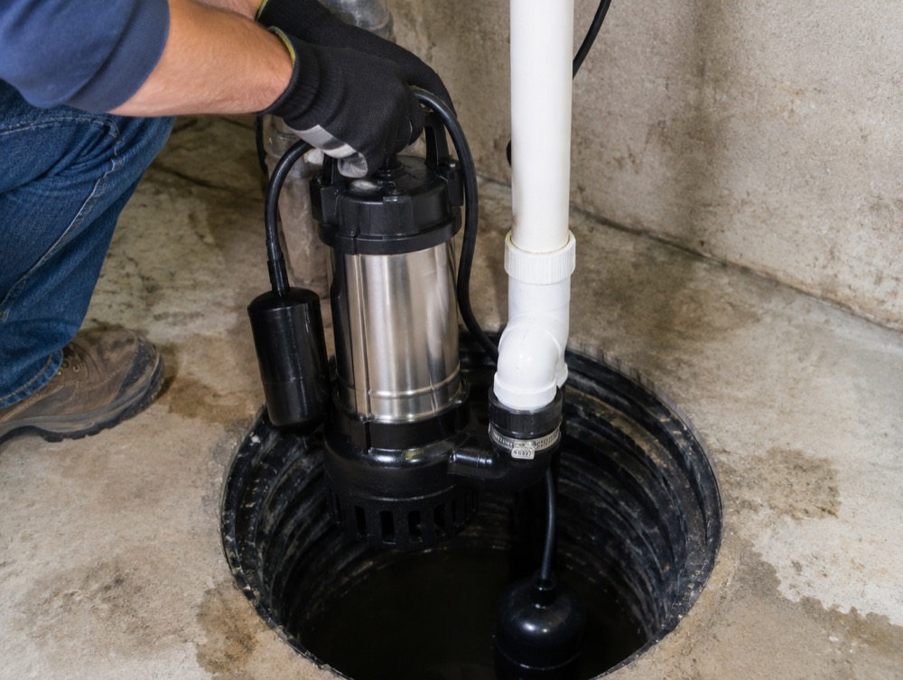 New submersible sump pump set into an existing basin during a replacement